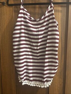 Peach Love California White and Burgundy Striped Pom-Pom Trim Tank Top